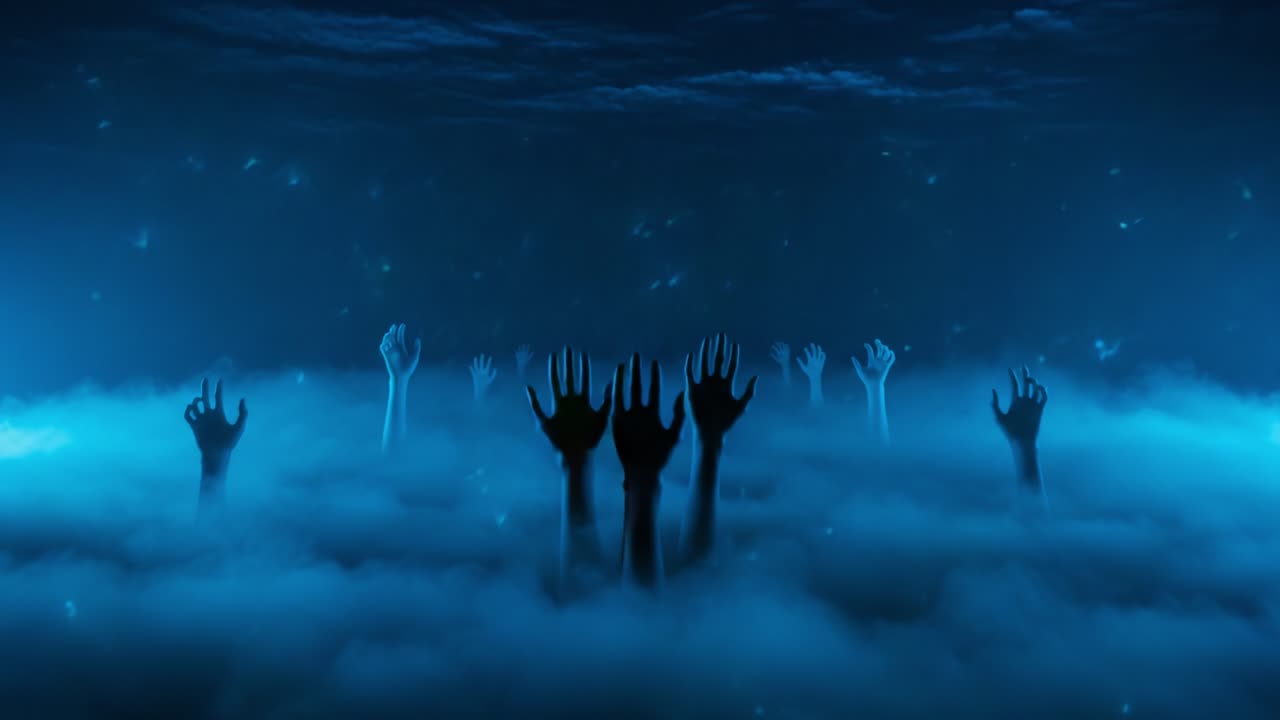Eerie and Haunting Imagery of Hands Emerging from a Foggy Abyss, Creating a Chilling Atmosphere of Mystery and Unease in a Dreamlike Blue Setting