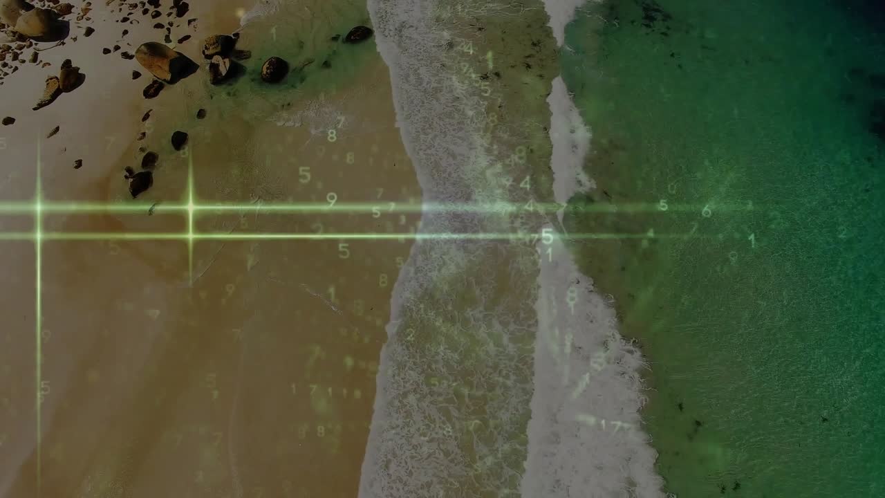 Numbers overlay and green flares revealing aerial coastline splitting beach, ocean waves advancing