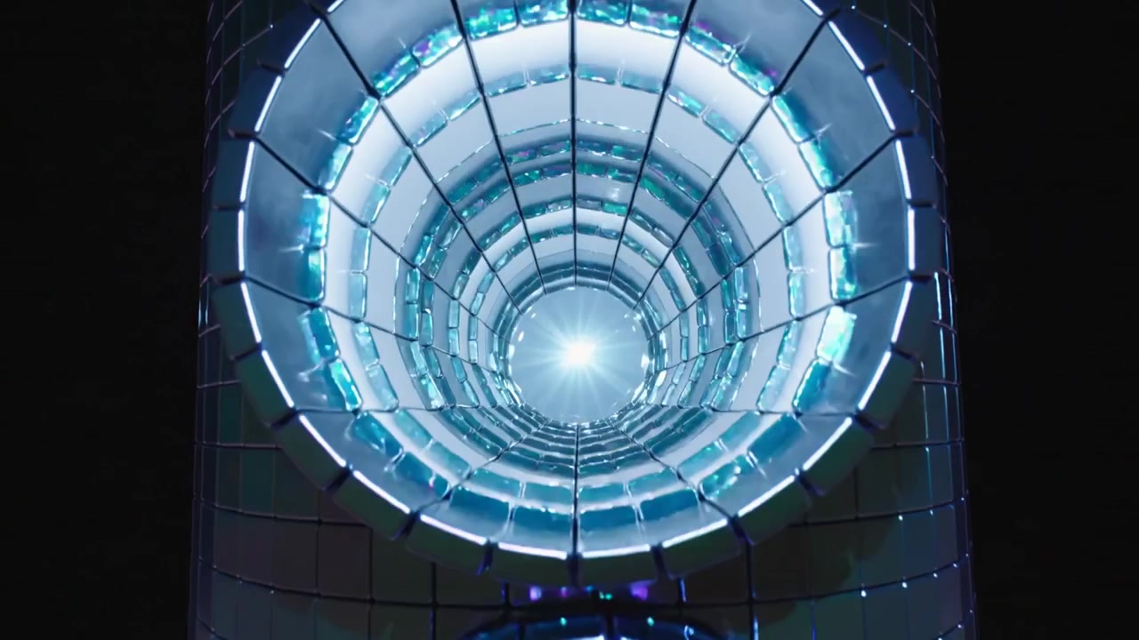 La telecamera si allontana rivelando un cilindro a specchio nel vuoto, che espone anelli concentrici e un nucleo interno.