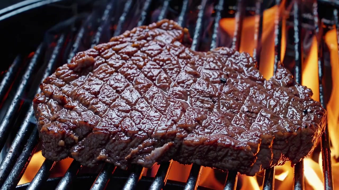 Juicy Beef Steak Grilling Over Open Flames