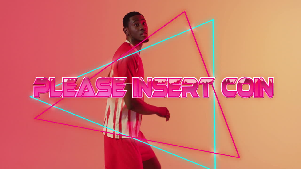 animación de por favor inserte texto de moneda sobre jugador de fútbol afroamericano pateando la pelota