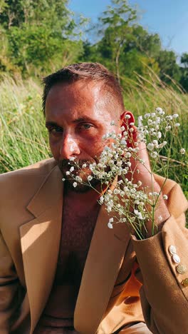 man in beige jacket with flowers