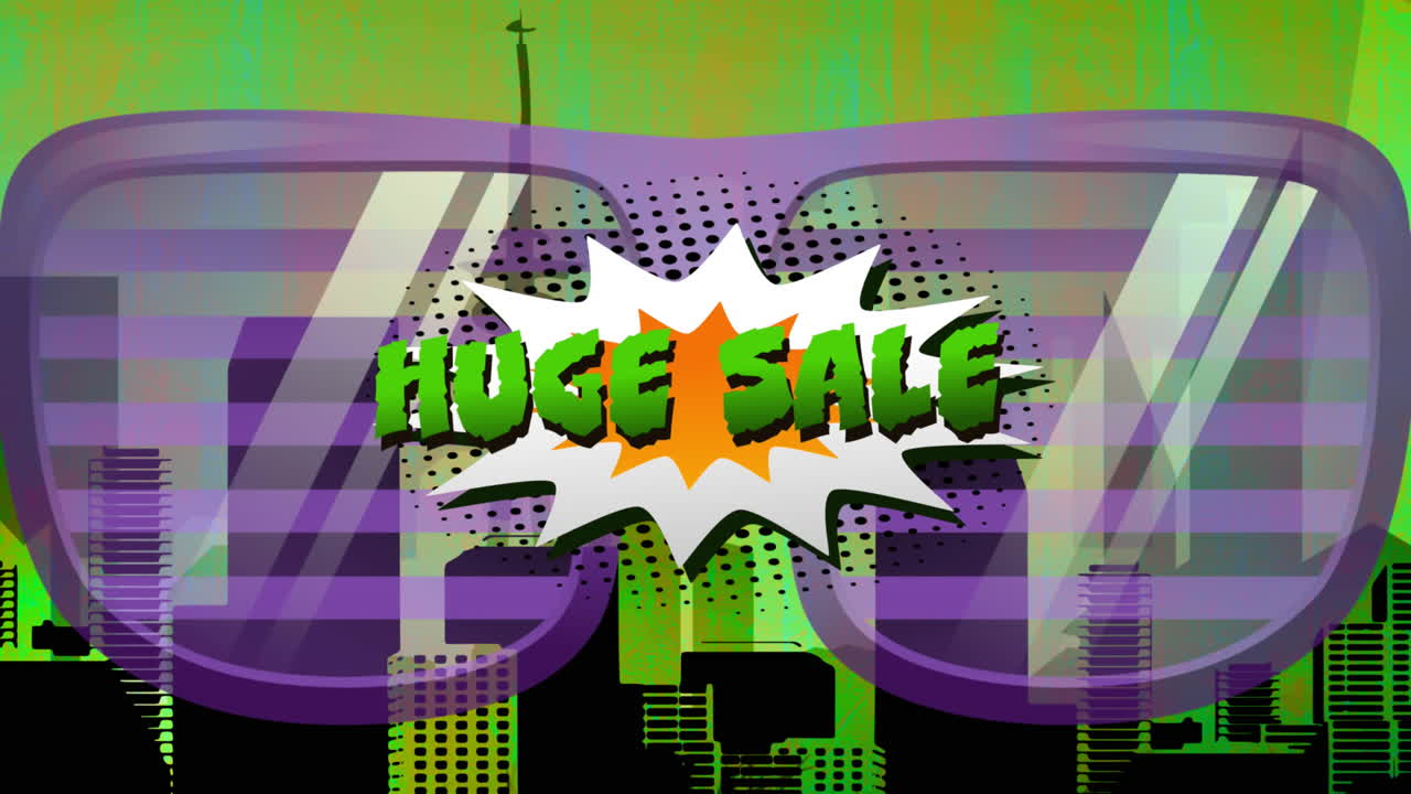 노란색 배경에 판매 텍스트와 안경 아이콘의 애니메이션