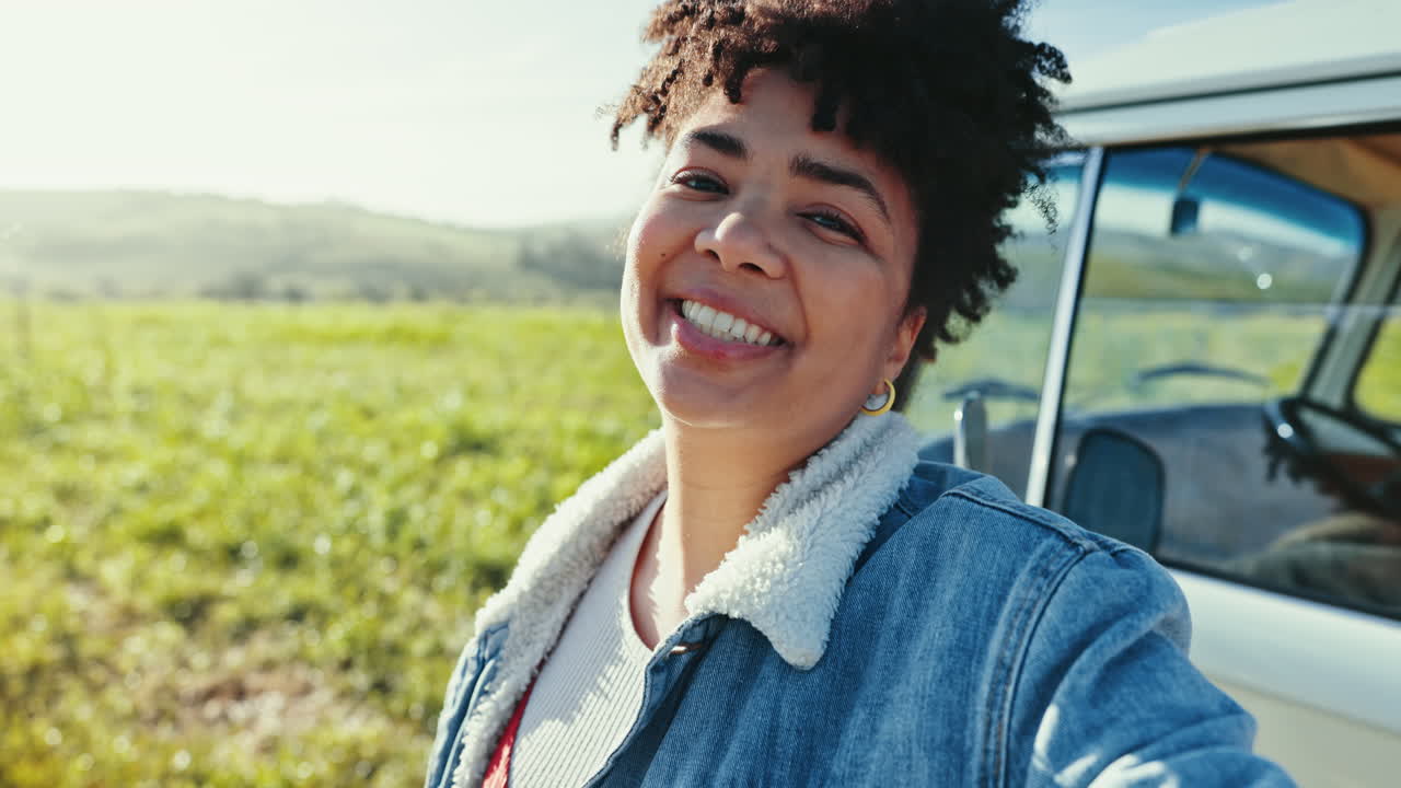 Smile, selfie and face of woman in nature by