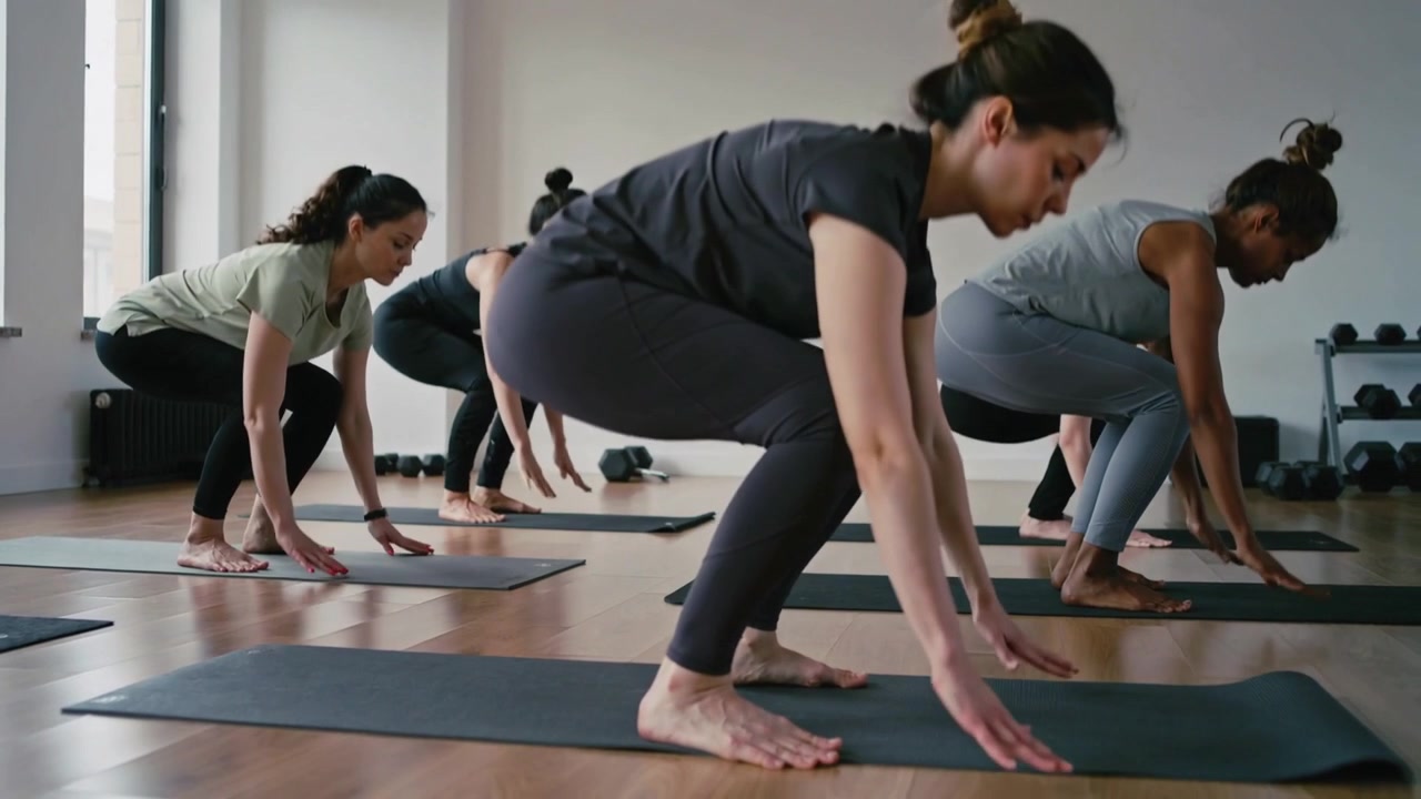 Lowering on instructor cue, woman in leggings holding deep squat preparing next move on studio mats