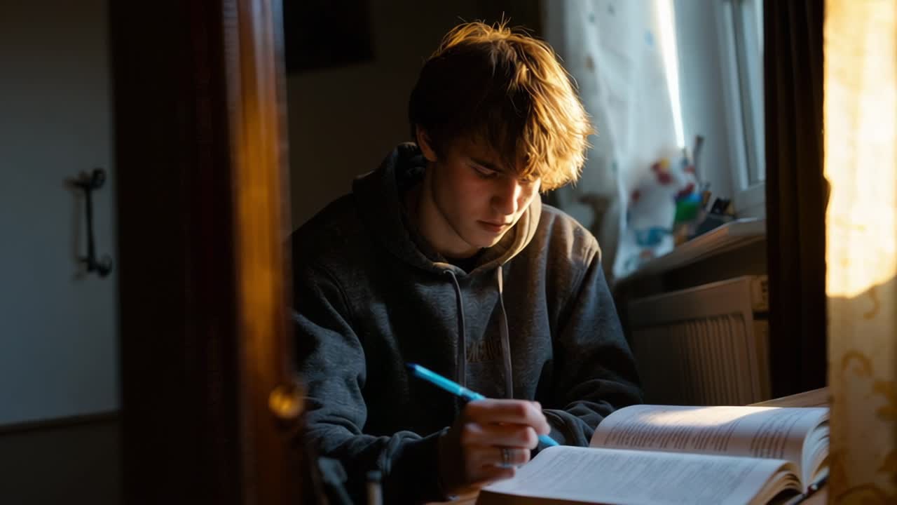 Concentrated male student is learning at home, writing notes from a textbook, illuminated by natural window light, creating a cozy and focused learning atmosphere