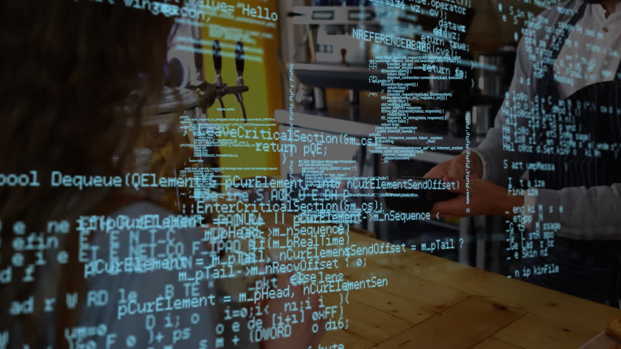 animación de procesamiento de datos azules y flotando sobre una mujer biracial de pie en un café