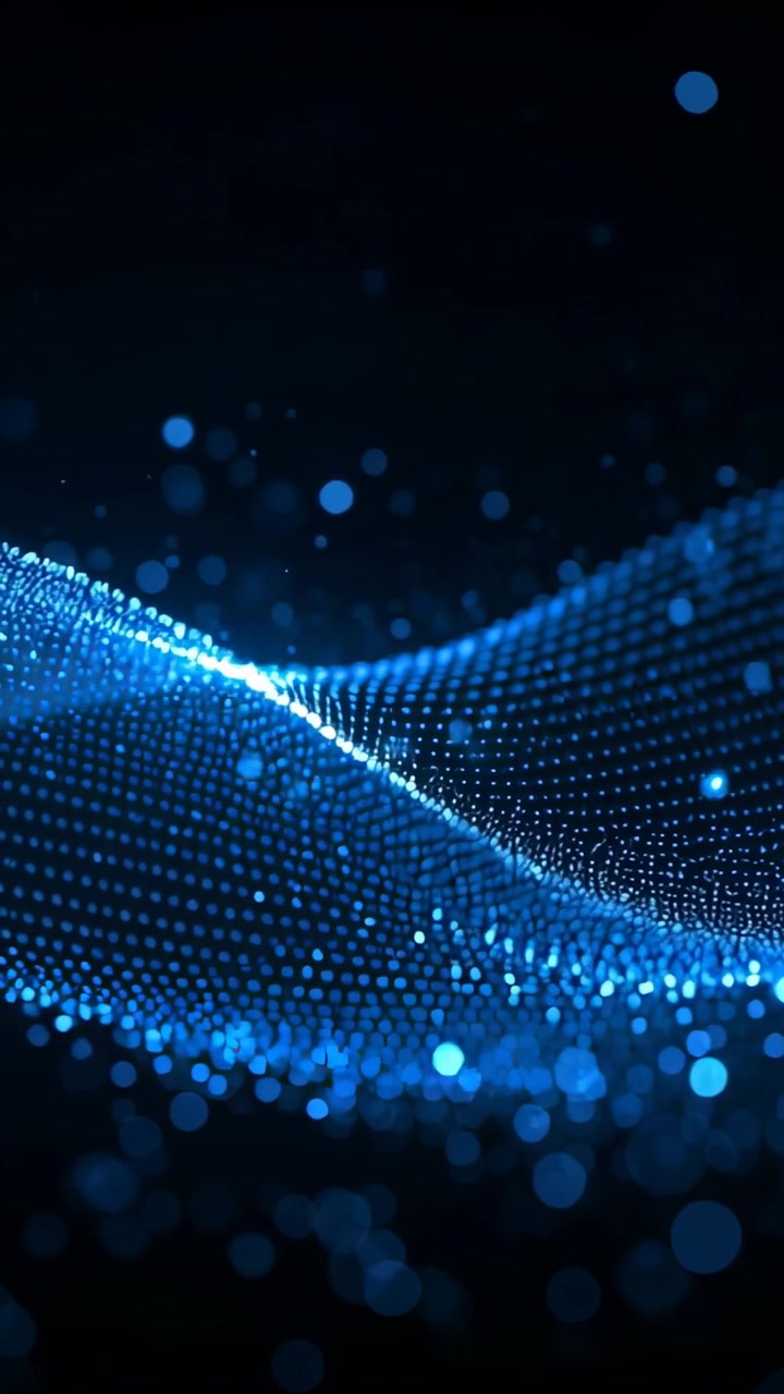 Vertical video: Frame driving blue dot mesh shifting across dark void, creating slow node glow