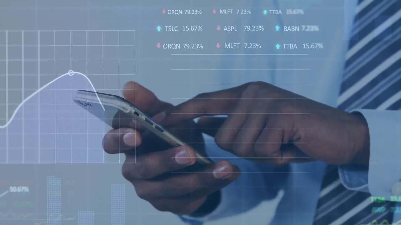 animazione dell'elaborazione dei dati finanziari su persone che utilizzano smartphone