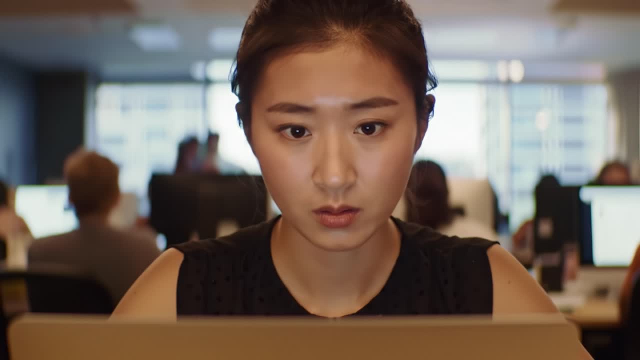 Woman Focused on Laptop in Office