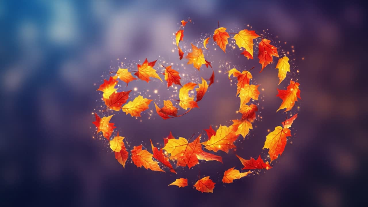 A Whimsical Dance of Autumn Leaves in a Magical Spiral, Surrounded by Glimmering Lights, Capturing the Essence of Fall's Beauty and Transience