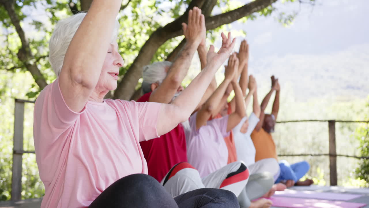 다양한 행복한 고령 친구들이 이 많은 자연에서 요가 명상을 연습하고, 복사 공간, 느린 동작