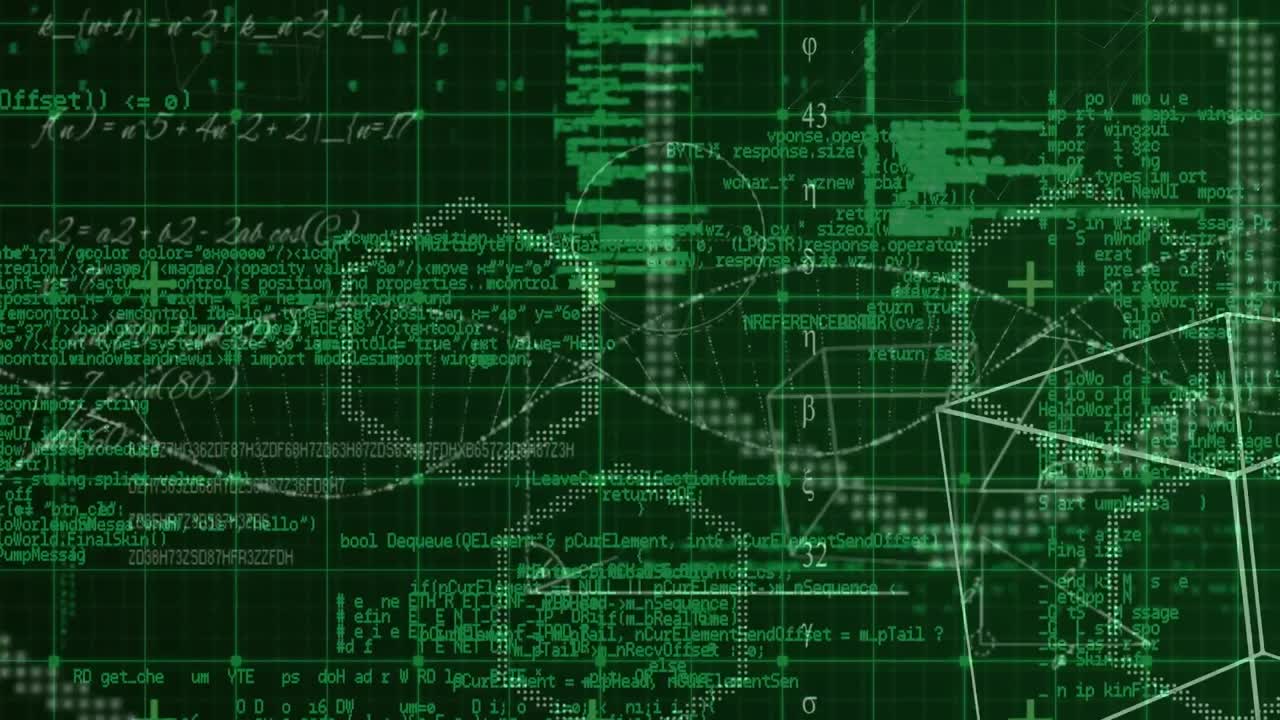 animación de ecuaciones, fórmulas y geometría sobre el procesamiento de datos en la cuadrícula verde