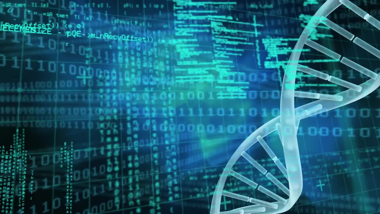 Animation of binary coding, data processing and dna strand spinning over grid