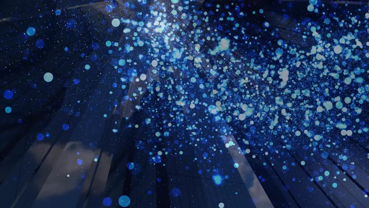 배경 에 있는 현대 사무실 건물 위 에 빛나는 파란색 반점 들 의 애니메이션