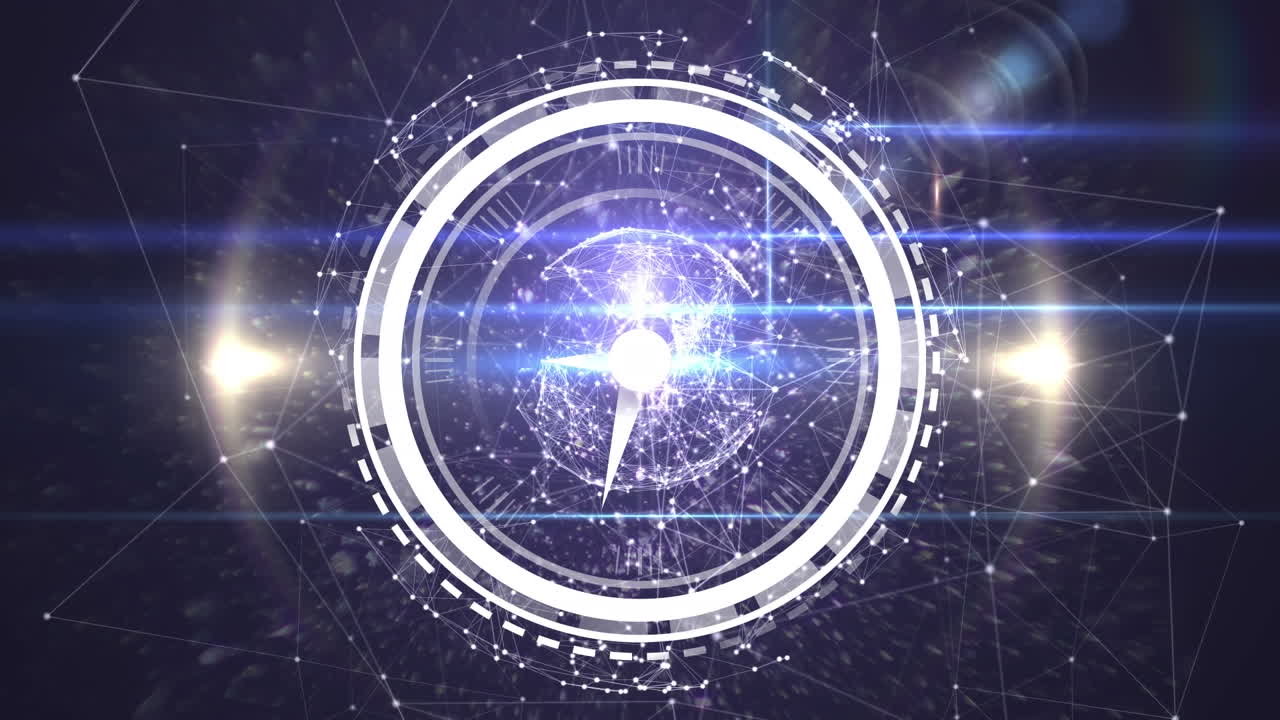 검은색 배경에 연결 네트워크를 통해 이동하는 시계의 애니메이션