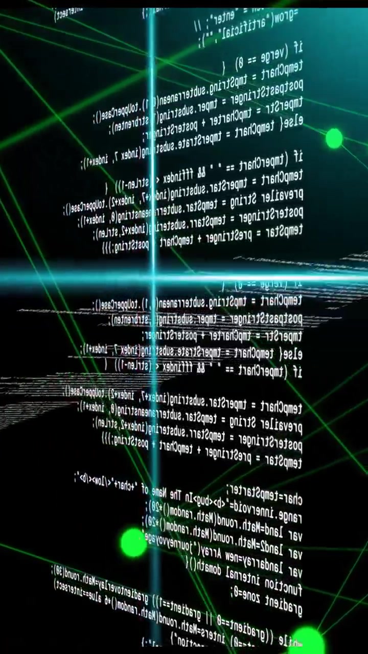 Vertical video: View shifting center code panel showing code while green nodes tracing network data