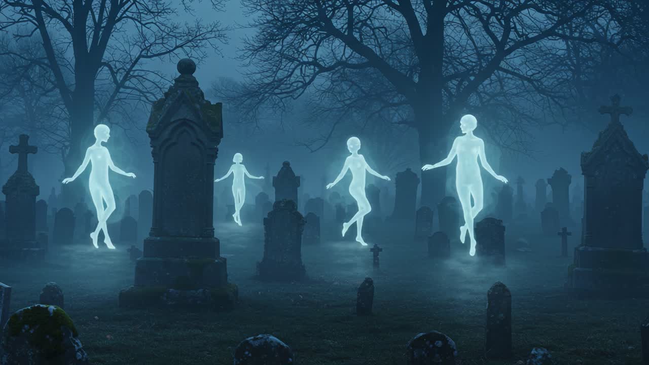 Ethereal Figures Dancing Amongst Grave Stones in a Misty Graveyard at Dusk, Evoking a Haunting Yet Enigmatic Atmosphere of the Supernatural