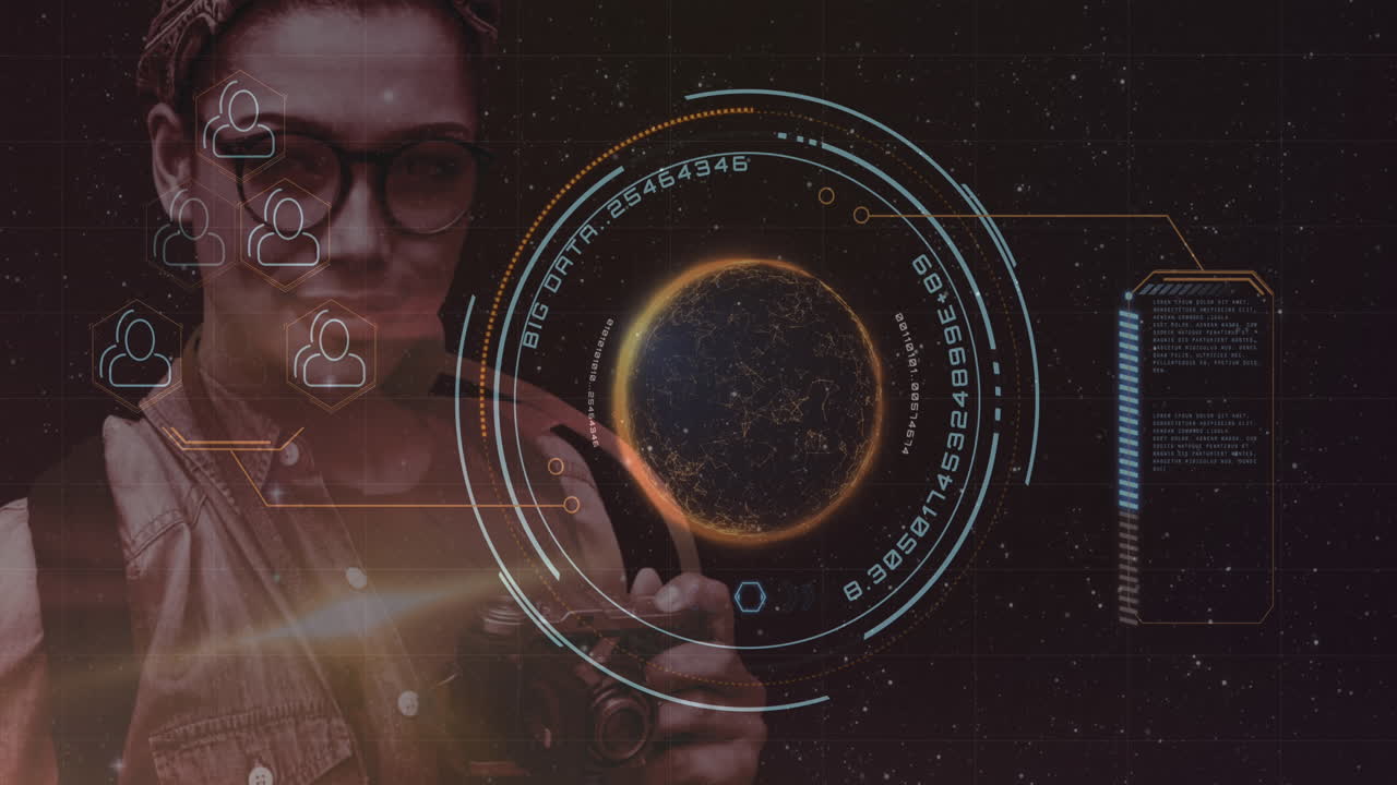 interfaz digital con procesamiento de datos contra una fotógrafa