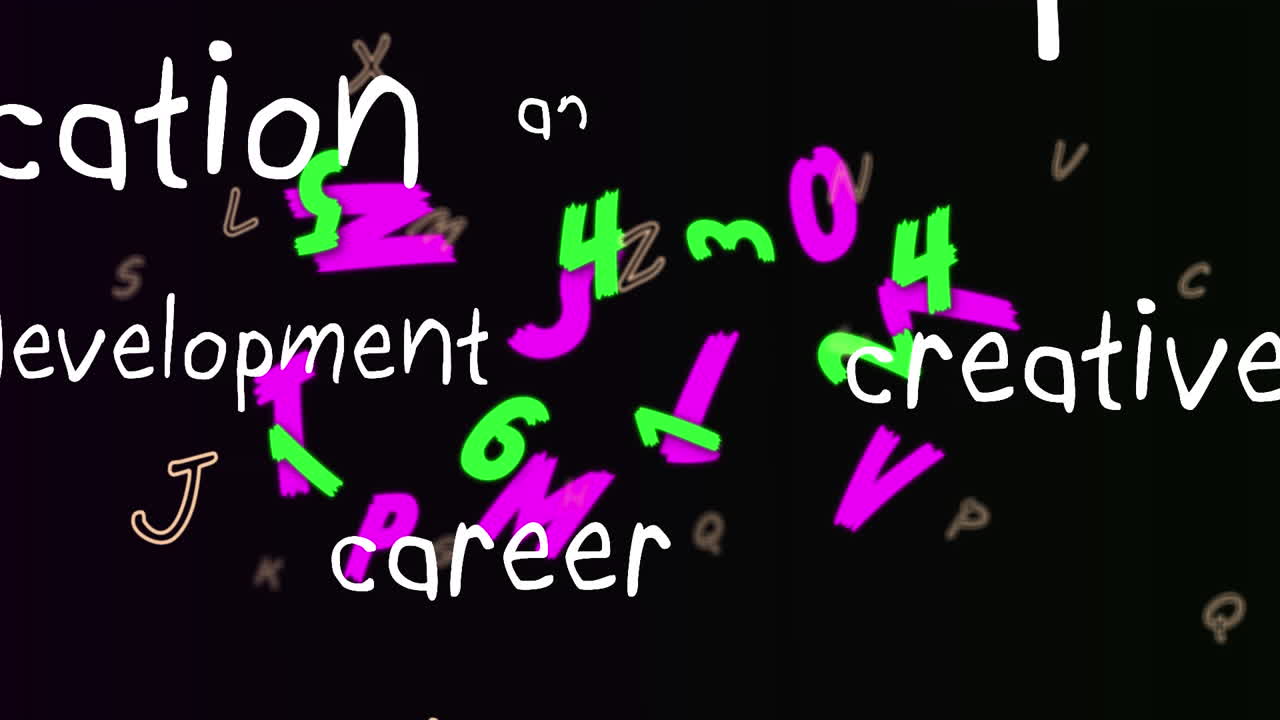 창의성, 경험, 개발의 애니메이션 숫자와 글자가 검은색으로 바뀌는 텍스트