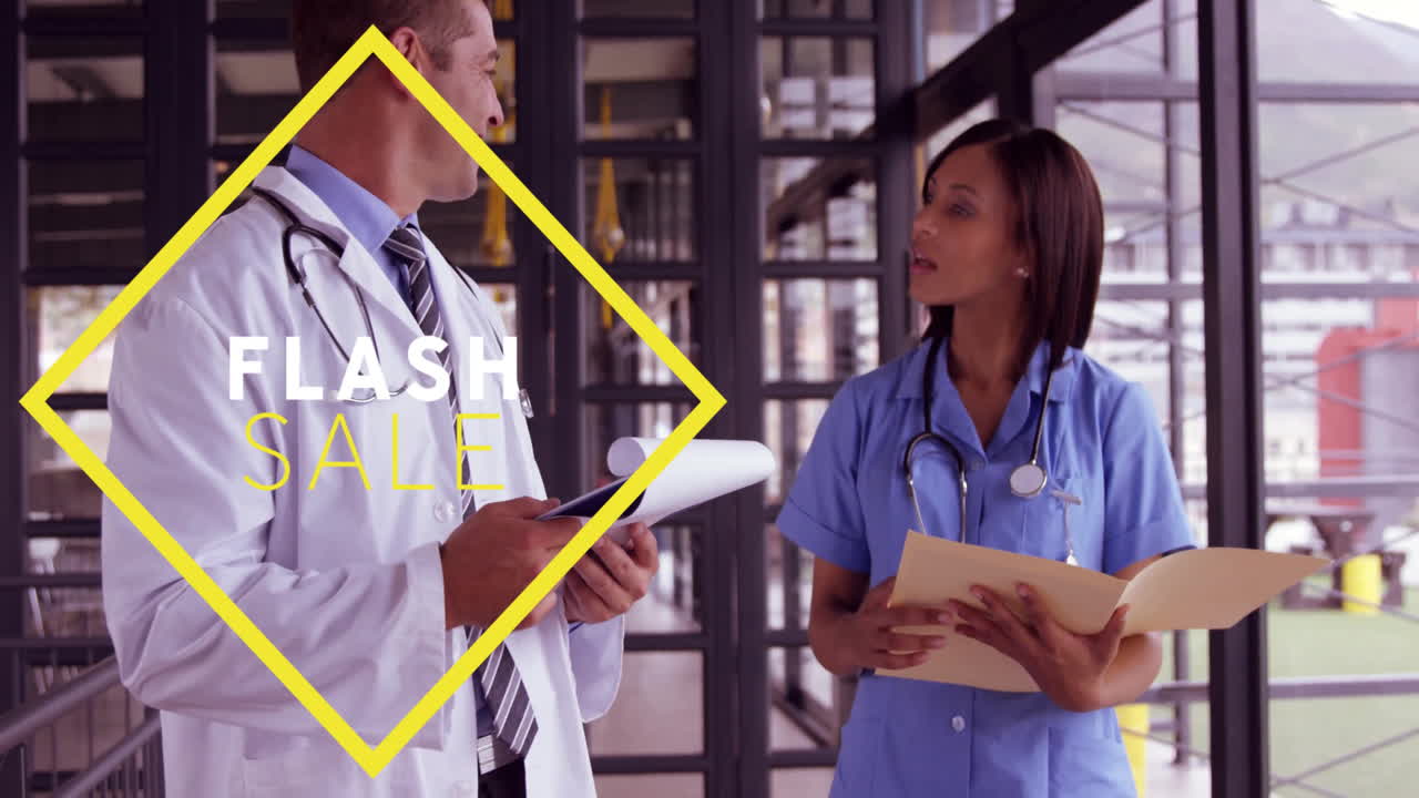 Discussing patient files, medical professionals in hospital with Flash Sale animation