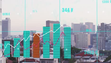 animation of statistical data processing over grid network against aerial view of cityscape