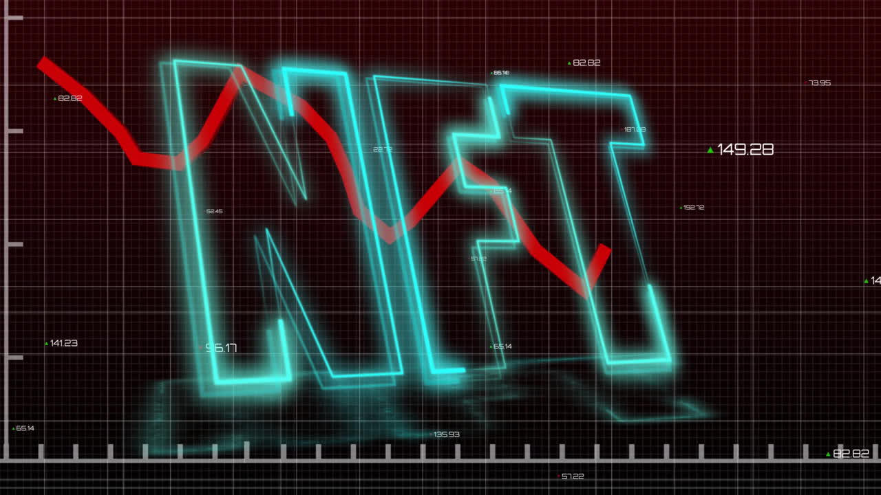 Glowing 3D wireframe NFT letters floating above falling red trend line, numeric grid and ticker bar