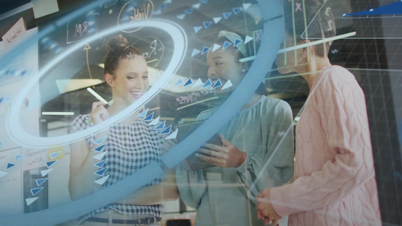 Three women working in tech, pointing stylus and tapping tablet starting holo rings updating data