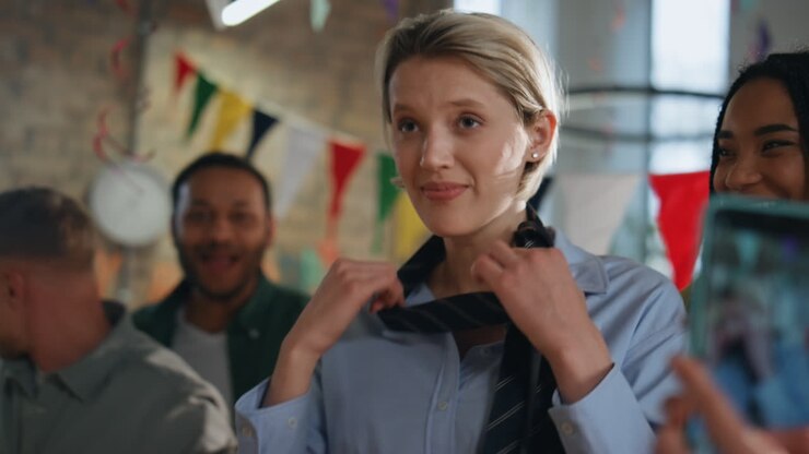 Office team making surprise to woman colleague at birthday party close up.