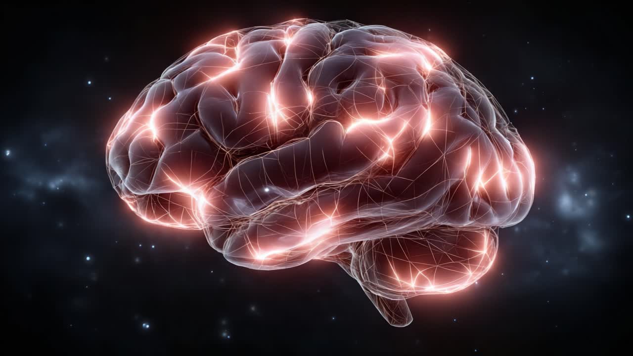 A stunning visual representation of a human brain, showcasing intricate neural connections and glowing networks, illustrating the complexity of thought and intelligence in a cosmic backdrop