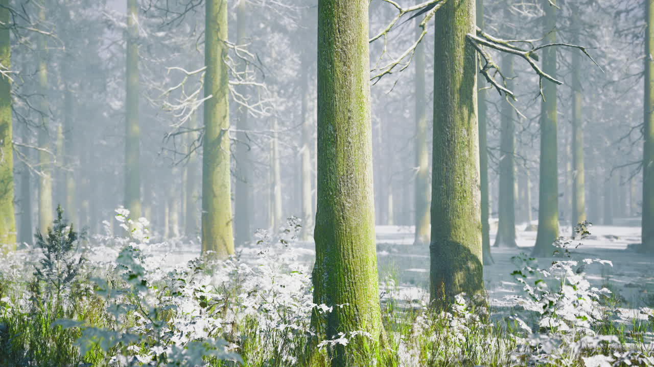 Winter forest landscape with snow covered ground and tall trees