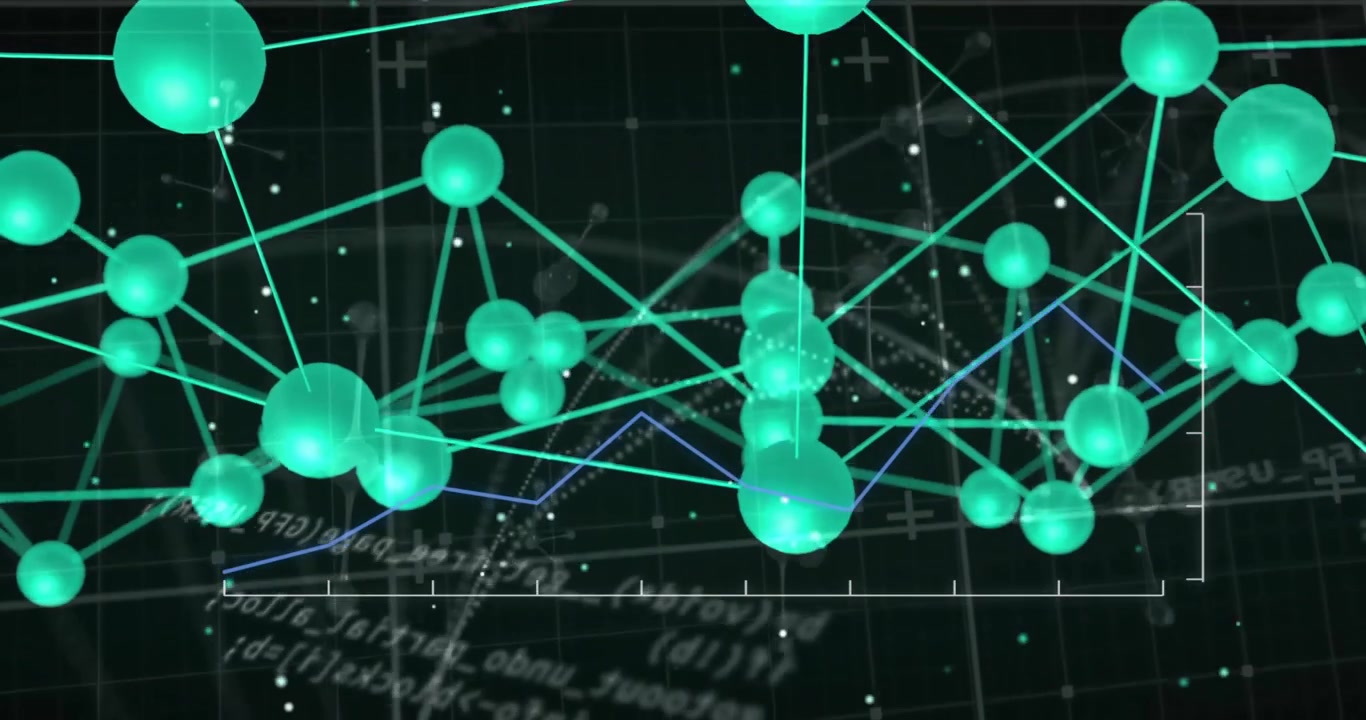 Upon starting animation neon-green sphere network rotating left tilting pulsing showing data flow