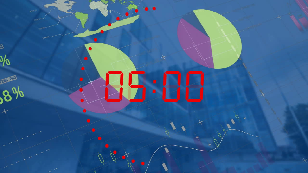 타이머와 도시에 따라 금융 데이터 처리의 애니메이션