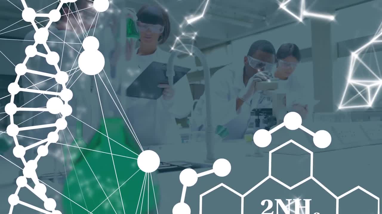 화학적 공식과 다양한 여성 및 남성 실험실 직원들의 dna를 현미경을 사용하여 애니메이션