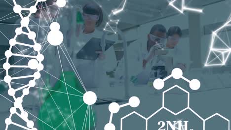 Animation-of-chemical-formulas-and-dna-over-diverse-female-and-male-lab-workers-using-microscope