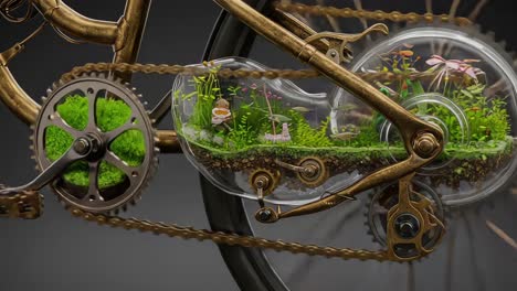 a stunning fusion of nature and engineering: an artistic bicycle featuring a transparent enclosure filled with vibrant flora and whimsical miniature landscapes