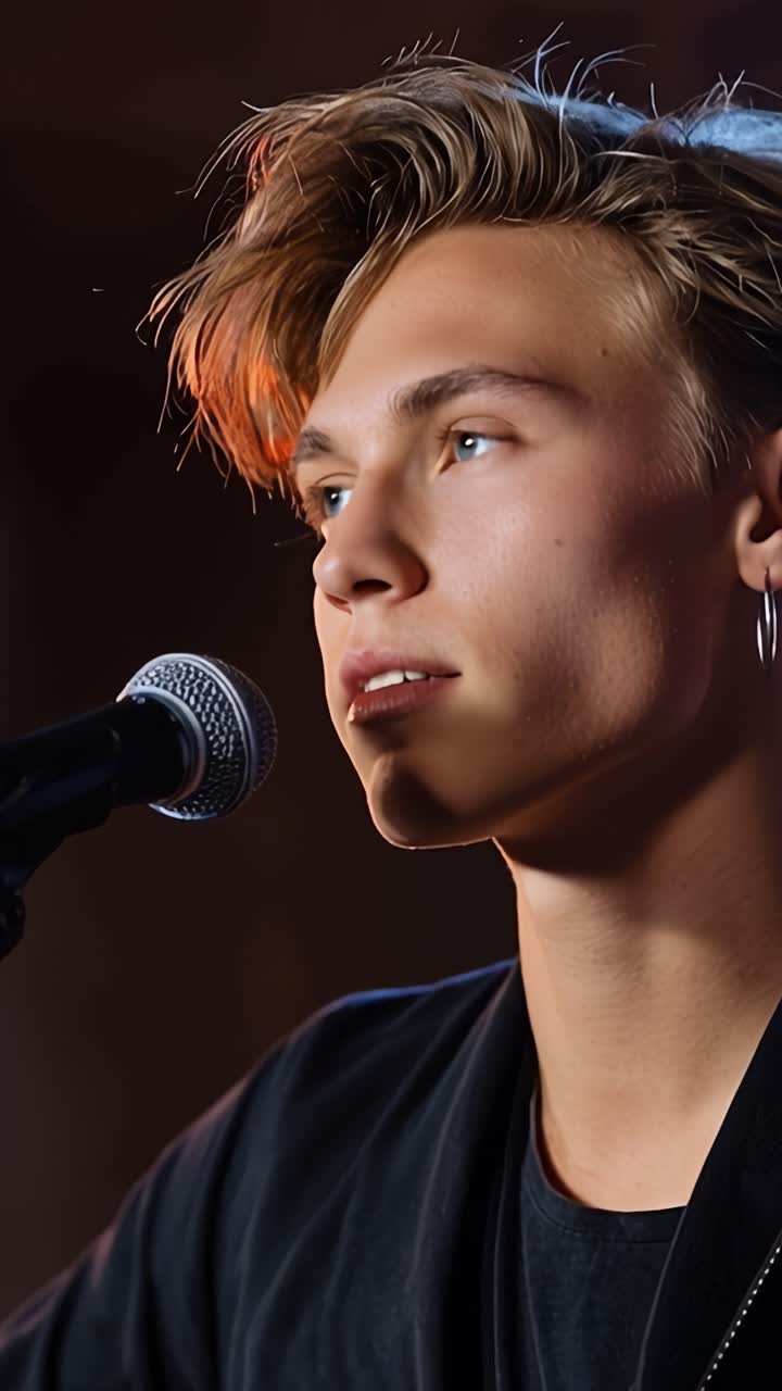 A talented young musician passionately performs with a guitar, capturing the audience's attention and conveying deep emotions through his soulful voice and expressions