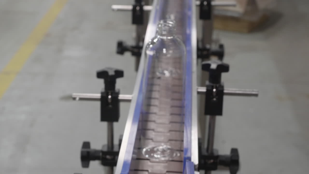 플라스틱 병이 컨베이어 벨트를 타고 포장 단계로 운반되고 있습니다.