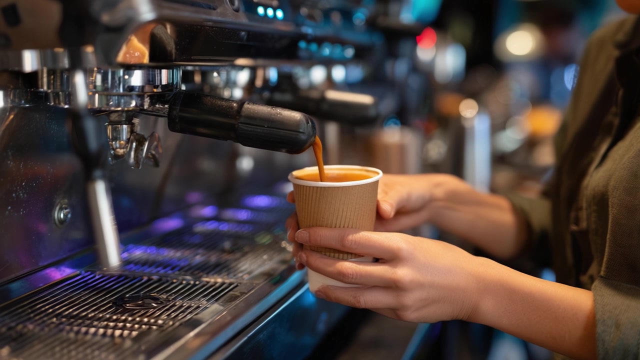 Barista che prepara caffè fresco: Uno sguardo all'arte della preparazione con precisione e passione in un ambiente accogliente da caffè.