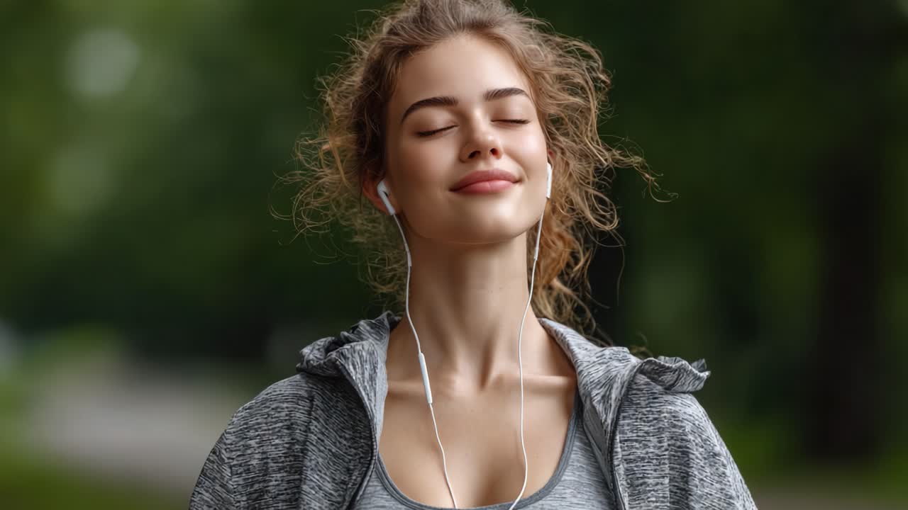 Una giovane donna si gode un momento di pace all'aperto, indossando auricolari, completamente immersa nella sua musica, con un sorriso sereno sul viso, circondata da una vegetazione lussureggiante.