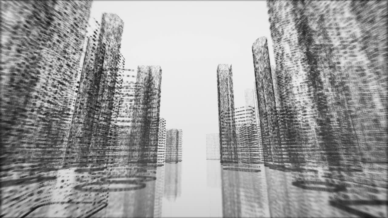 Black buildings with a binary code particles network.
