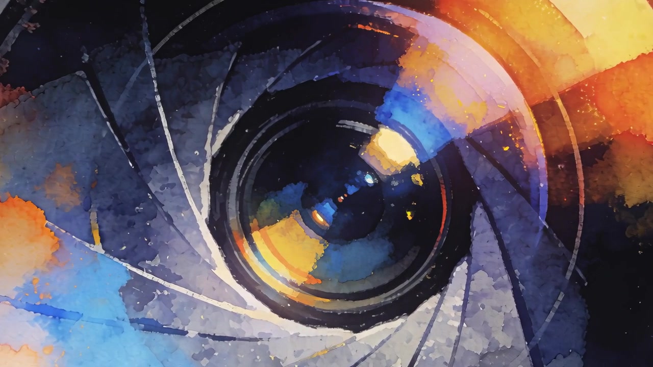 Activating iris, camera lens rotating blades inward at macro studio, revealing vivid paint flecks