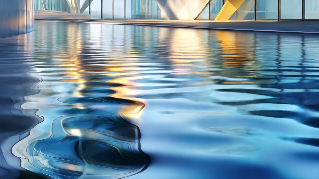 Reflections on Water: An Artistic Exploration of Blue Hues and Architectural Light Featuring a Serene Pool Illuminated by Dynamic Shapes and Bright Colors