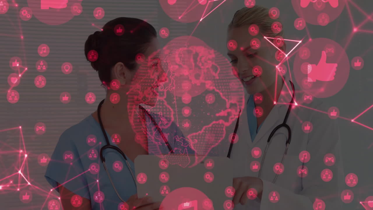 Two female medical staff standing in clinic, exploring digital health network overlay with tablet