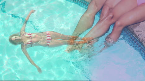 animation of caucasian woman relaxing in swimming pool over caucasian couple at pool
