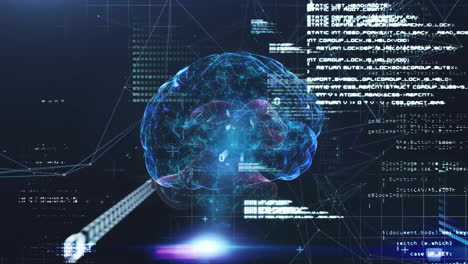 Animation of data processing over human brain on dark background