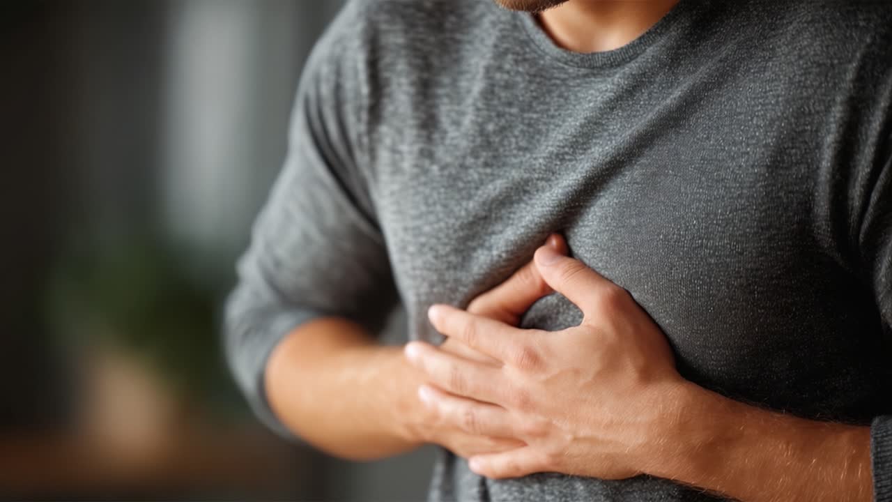 A man clutches his chest, demonstrating a moment of discomfort, highlighting the importance of health awareness and the need for attention to bodily signals