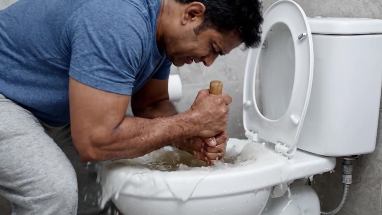 A Man Resolutely Unclogs a Toilet Using a Plunger: Step-by-Step Process of Fixing a Clogged Bathroom Fixture with Persistence and Effective Techniques