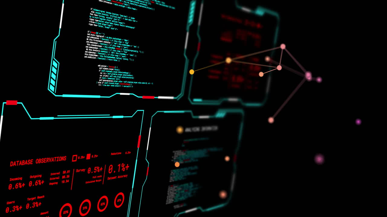 Animation of digital data processing over screens on black background
