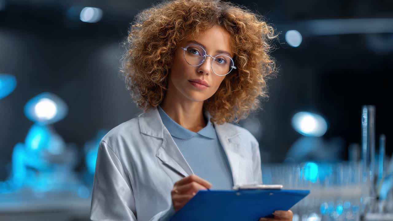 A focused and determined researcher meticulously analyzing data while maintaining accurate records in a modern scientific laboratory environment